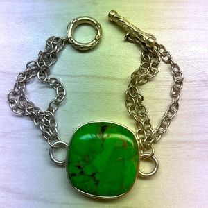 Gaspeite Green Cabochon 925 Sterling Silver Triple Chain Bracelets